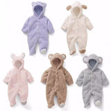 Autumn and winter warm baby solid color button coral velvet cute hooded long - sleeved foot crawling suit - MomYom PK