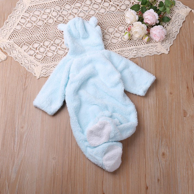 Autumn and winter warm baby solid color button coral velvet cute hooded long - sleeved foot crawling suit - MomYom PK