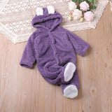 Autumn and winter warm baby solid color button coral velvet cute hooded long - sleeved foot crawling suit - MomYom PK