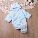 Autumn and winter warm baby solid color button coral velvet cute hooded long - sleeved foot crawling suit - MomYom PK