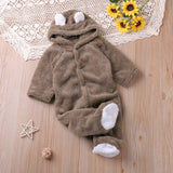 Autumn and winter warm baby solid color button coral velvet cute hooded long - sleeved foot crawling suit - MomYom PK