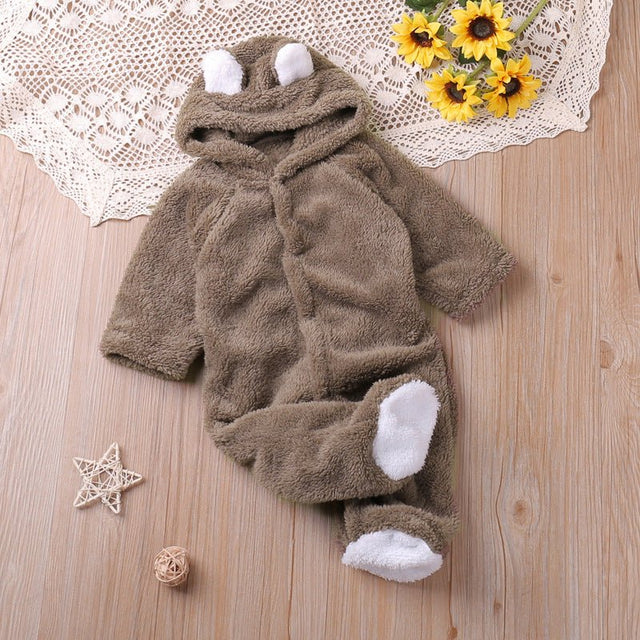Autumn and winter warm baby solid color button coral velvet cute hooded long - sleeved foot crawling suit - MomYom PK