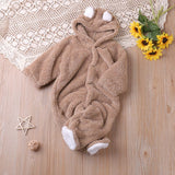 Autumn and winter warm baby solid color button coral velvet cute hooded long - sleeved foot crawling suit - MomYom PK