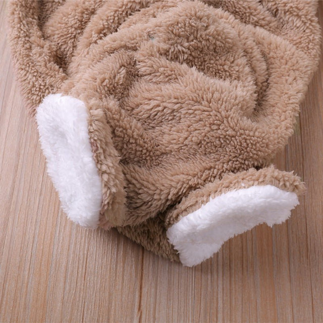 Autumn and winter warm baby solid color button coral velvet cute hooded long - sleeved foot crawling suit - MomYom PK