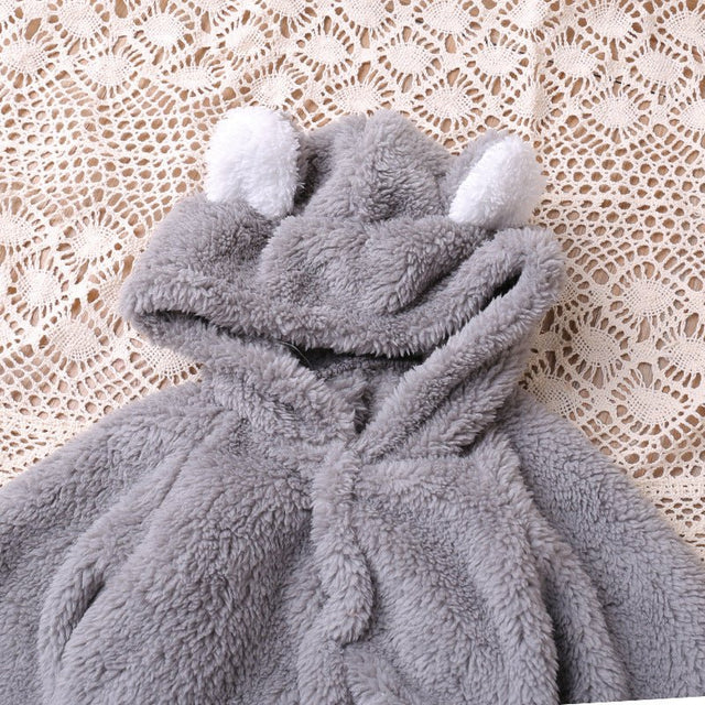 Autumn and winter warm baby solid color button coral velvet cute hooded long - sleeved foot crawling suit - MomYom PK