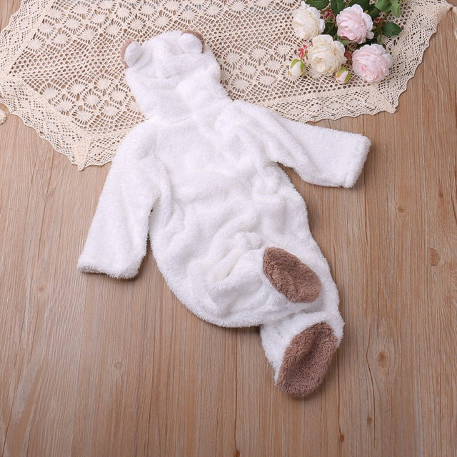 Autumn and winter warm baby solid color button coral velvet cute hooded long - sleeved foot crawling suit - MomYom PK