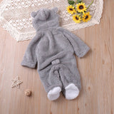 Autumn and winter warm baby solid color button coral velvet cute hooded long - sleeved foot crawling suit - MomYom PK