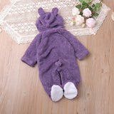 Autumn and winter warm baby solid color button coral velvet cute hooded long - sleeved foot crawling suit - MomYom PK