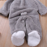 Autumn and winter warm baby solid color button coral velvet cute hooded long - sleeved foot crawling suit - MomYom PK