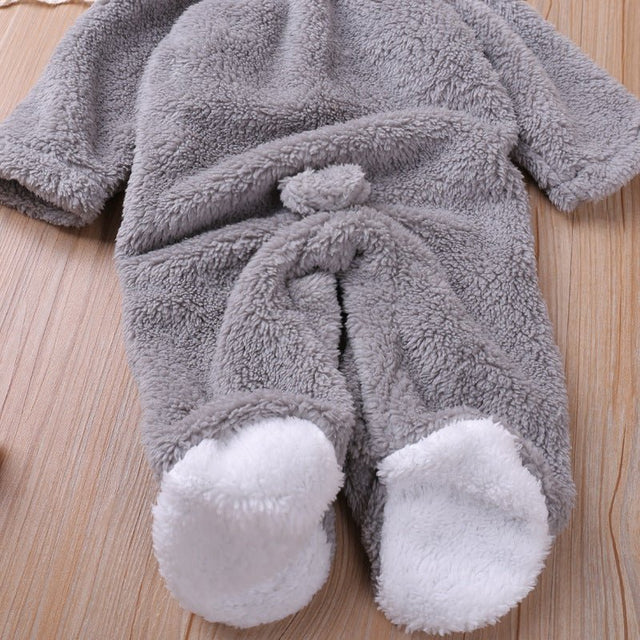 Autumn and winter warm baby solid color button coral velvet cute hooded long - sleeved foot crawling suit - MomYom PK