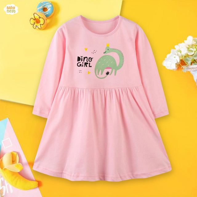 Full Sleeves Baby Printed Frocks - Dino Girl ¬ BNBPF--D266 Pink