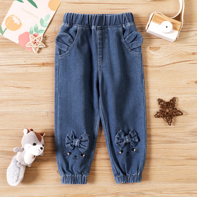 چھوٹی بچی Bowknot Rabbit Print Elasticized Blue Denim Jeans