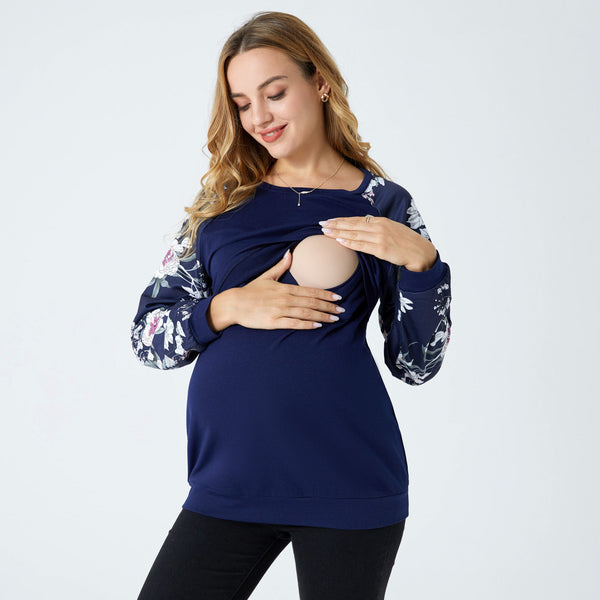 Nursing Floral Print Splice Round-collar Long-sleeve Pullover