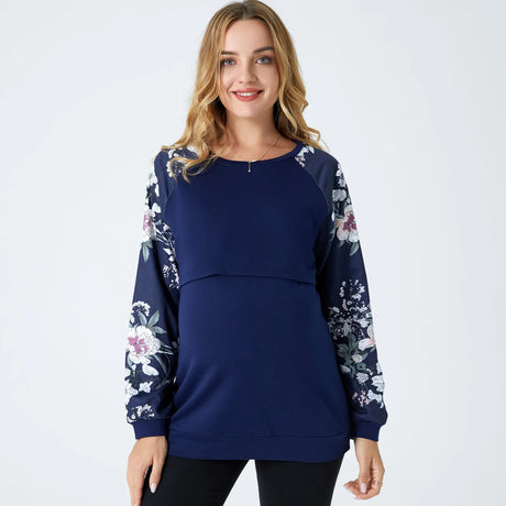 Nursing Floral Print Splice Round-collar Long-sleeve Pullover