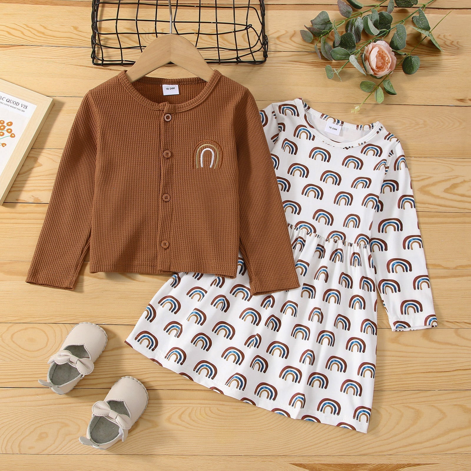 2-piece Yoddler Girl Rainbow Print Round-collar Long-sleeve Dress and Button Design Brown Jacket Set