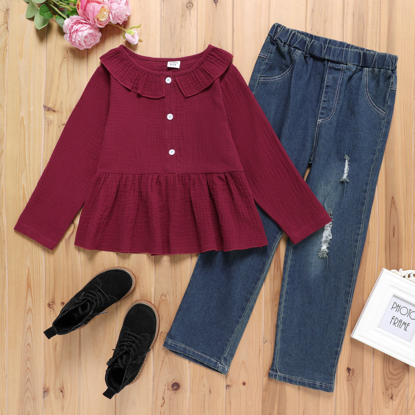 2-piece Kid Girl Doll Collar Button Design Long-sleeve Burgundy Top and Elasticized Ripped Denim Jeans Set